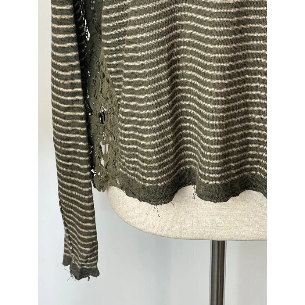 Free People Olive Green Stripe Crochet Sides Linen Blend Long Sleeve Top Size XS